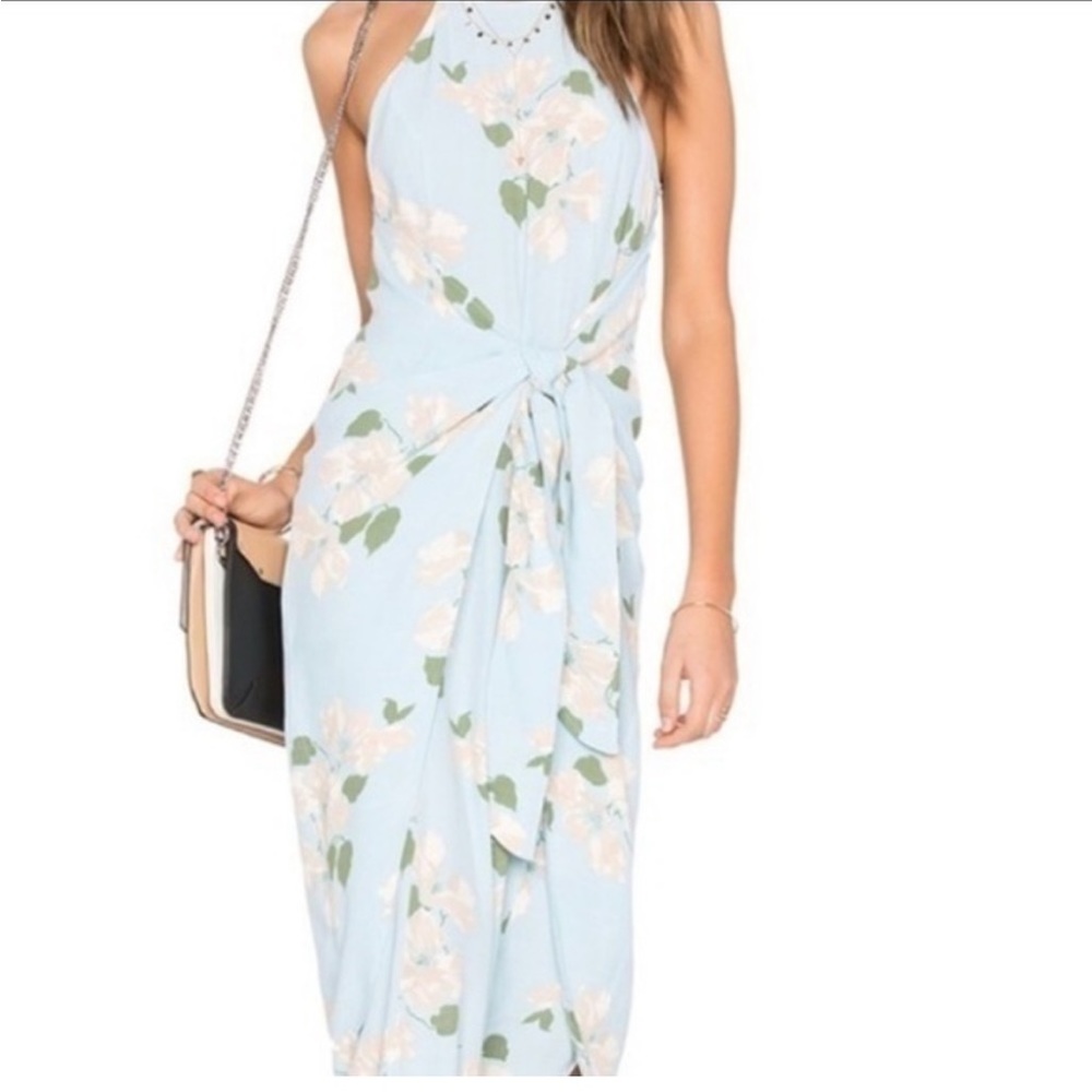 PRIVACY PLEASE Revolve Light Blue Floral Front Tie Dress M